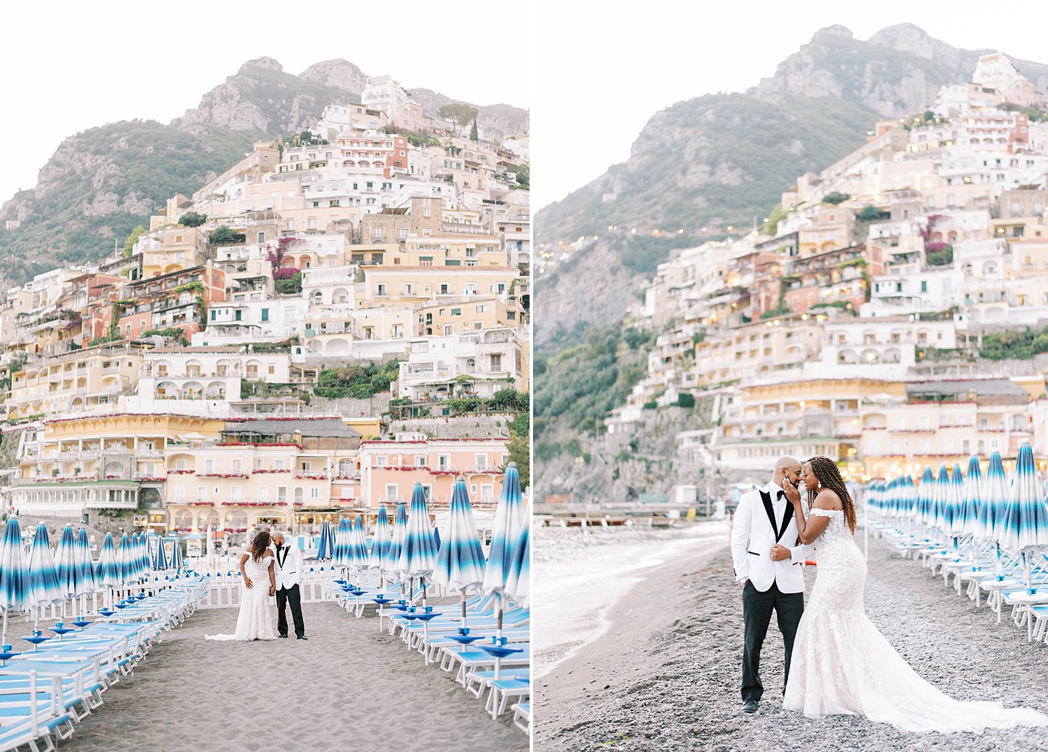 newlyweds walk on coast in Positano