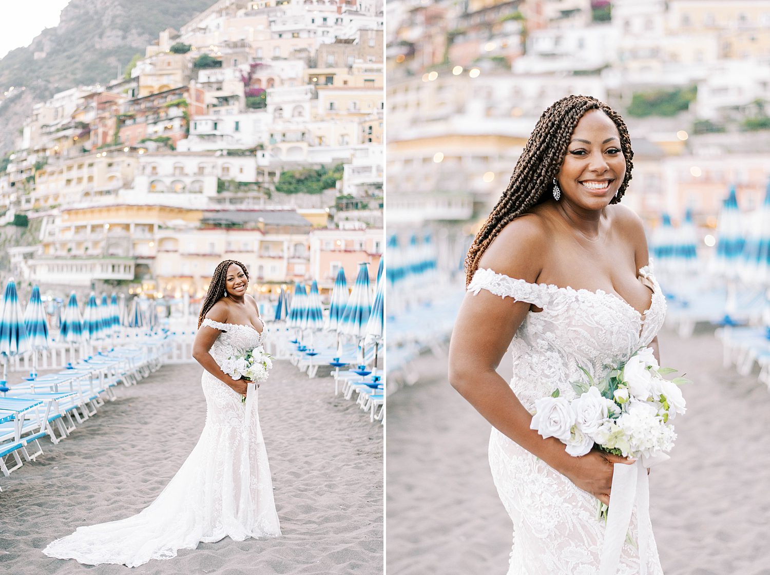 bride poses on sand in off-the-shoulder dress at Positano