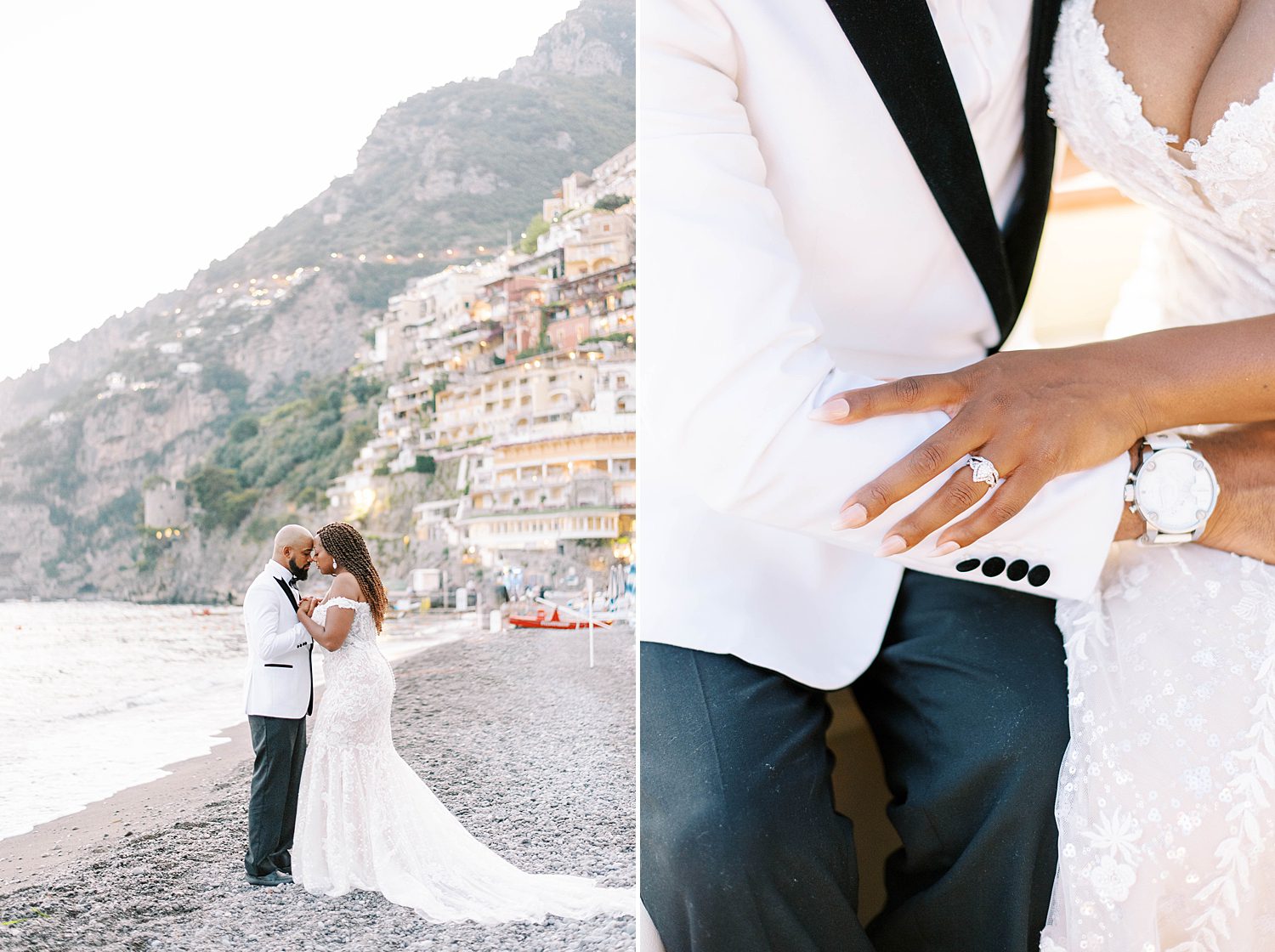 bride holds groom's arm in white dinner jacket along Italian coast line