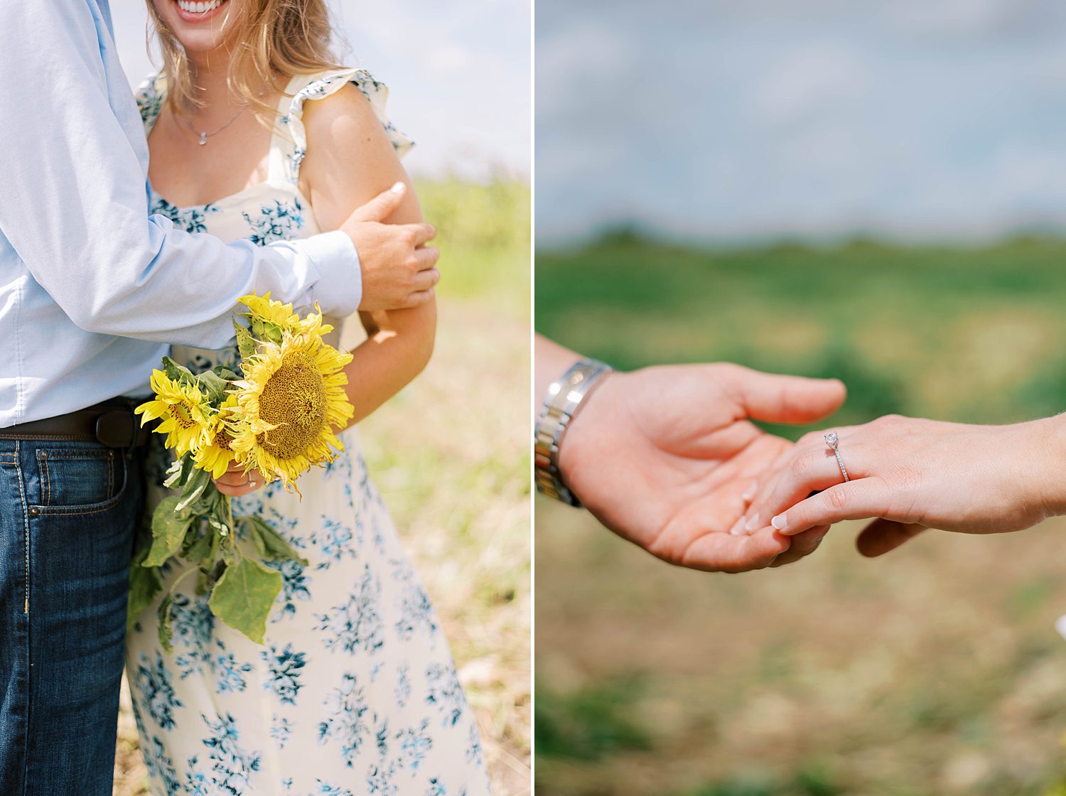 couple hugs holding sunflowers during Florida engagement session