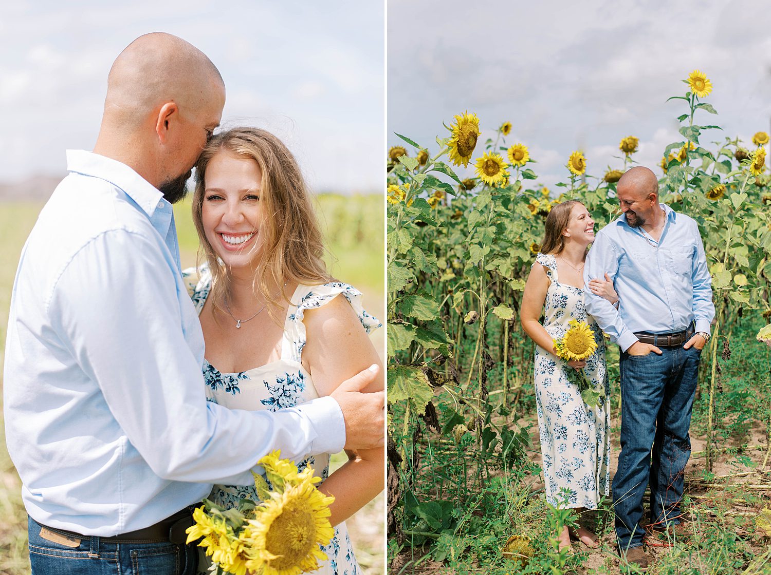 man leans to kiss woman's forehead during FL engagement photos in sunflower field