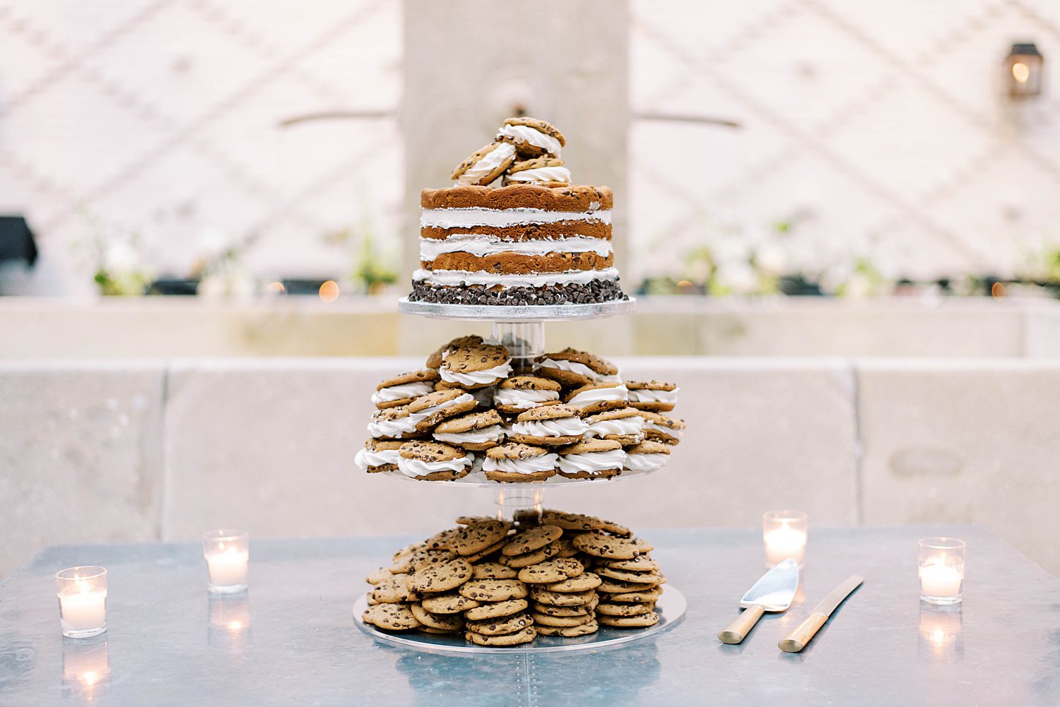 tier of desserts for intimate dinner reception