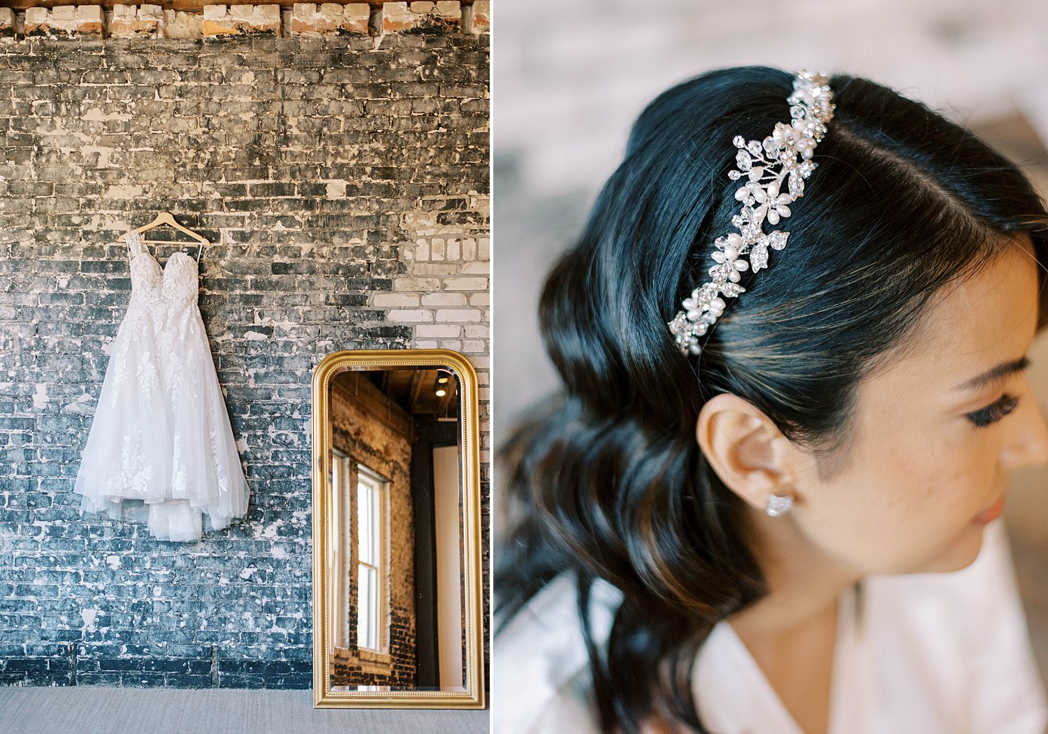 bride's dress hangs on brick wall before Tampa FL wedding