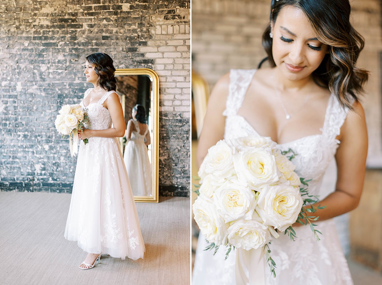 bride poses in wedding gown with ivory rose bouquet
