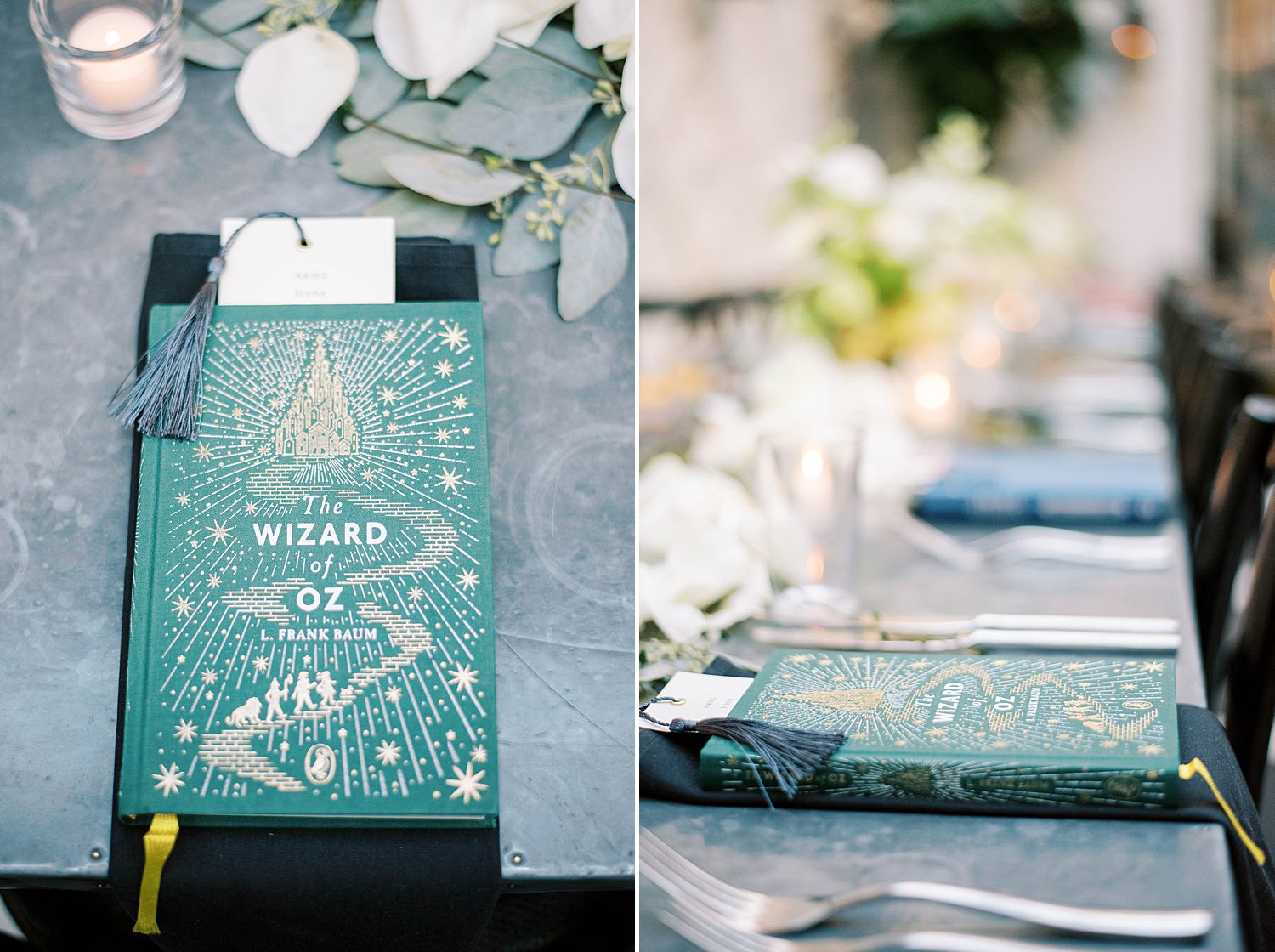 antique books at place settings for Oxford Exchange wedding reception