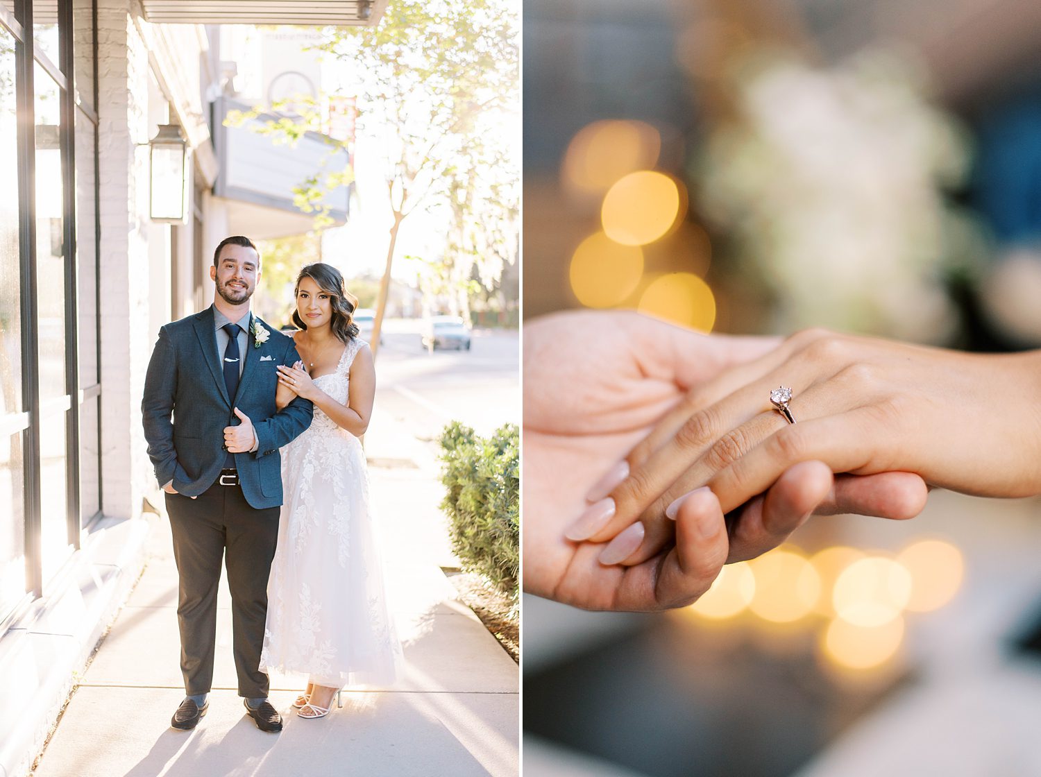 bride holds groom's arm showing off ring