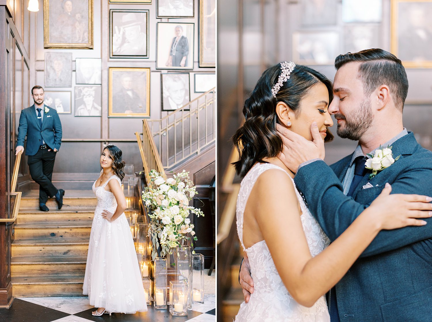 groom looks at bride at bottom of staircase in Oxford Exchange