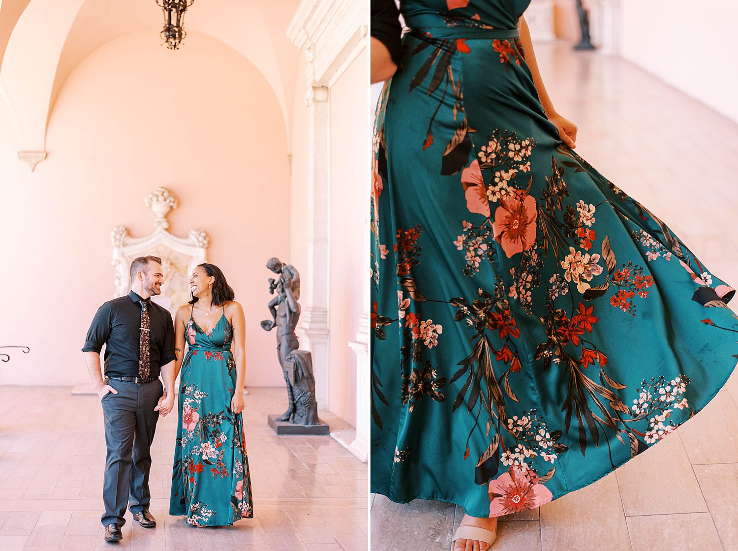 bride twirls teal floral dress at the Ringling Museum