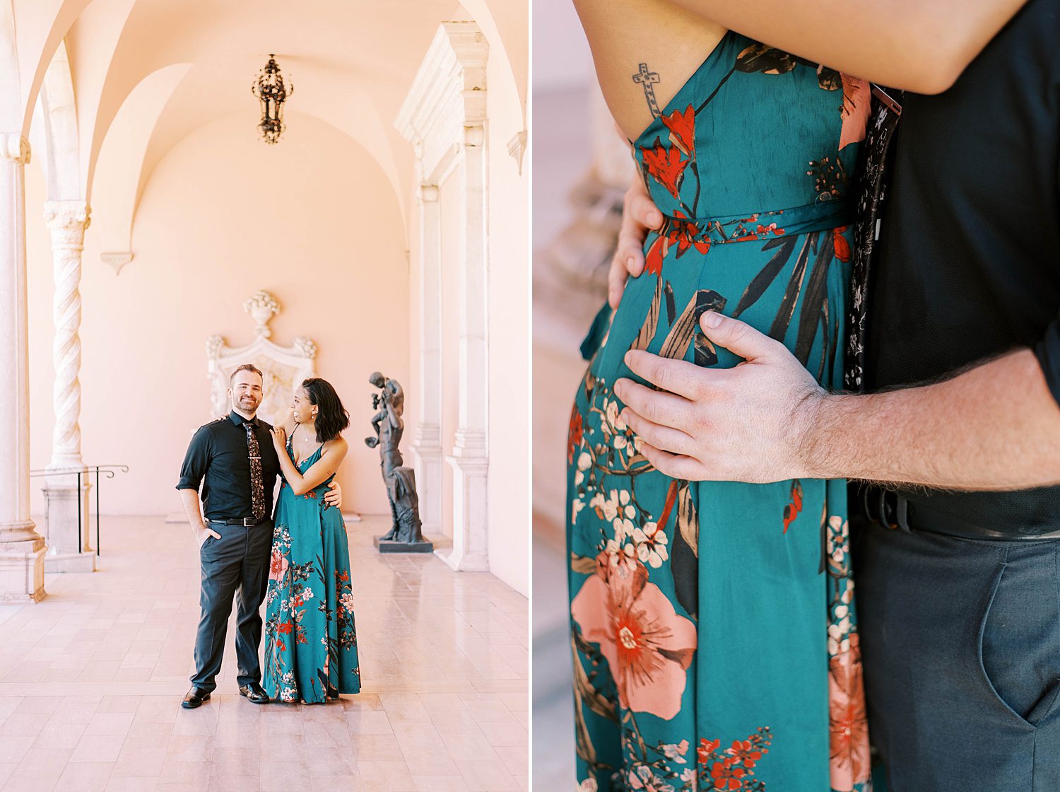 couple hugs in outdoor hallway at the Ringling Museum