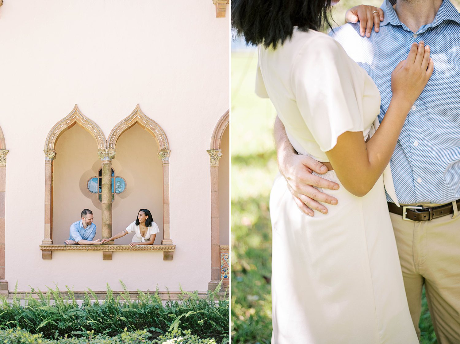 woman and man lean through window at the Ringling Museum