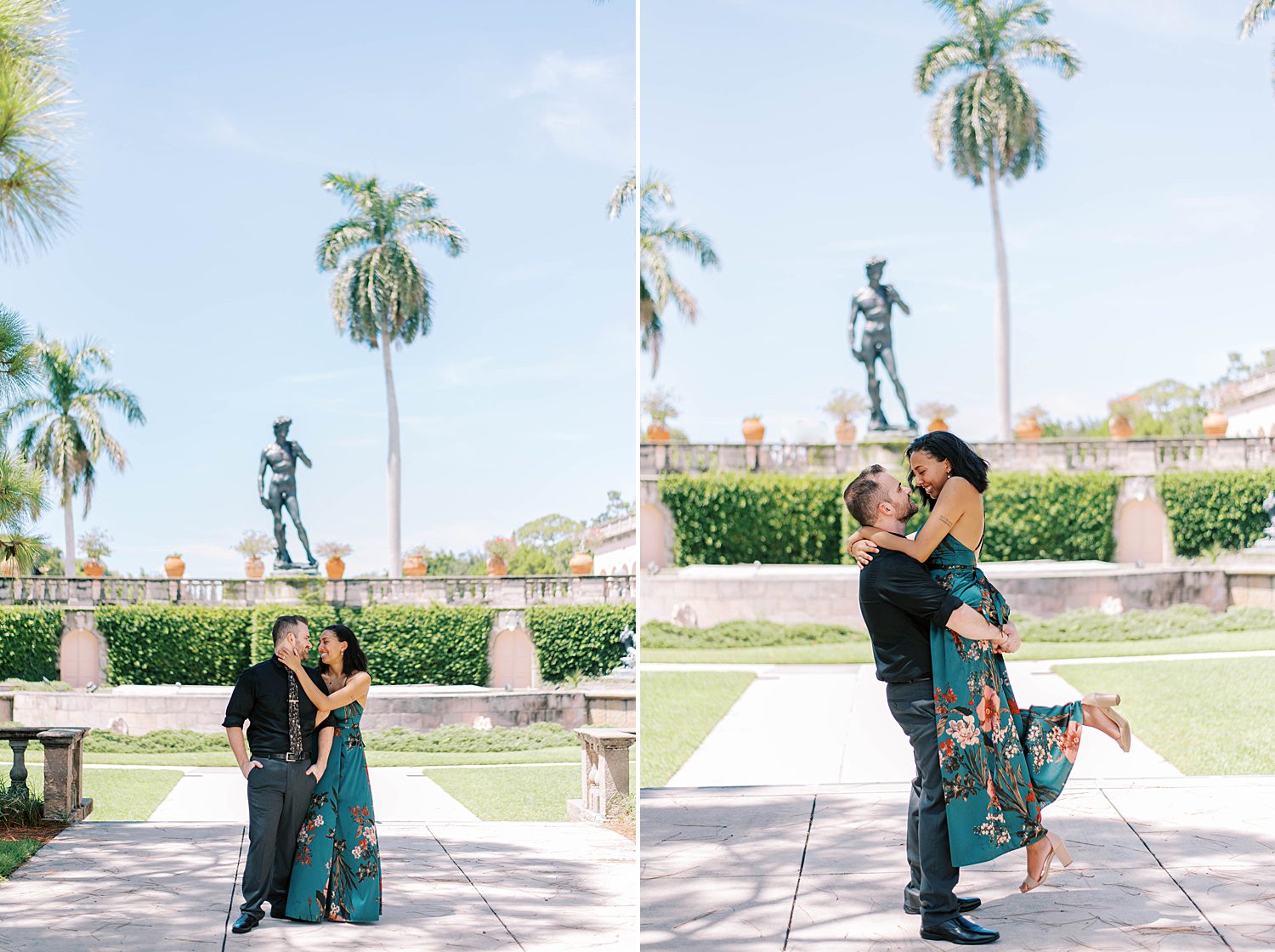 man lifts up fiancee in teal gown during the Ringling Museum engagement session