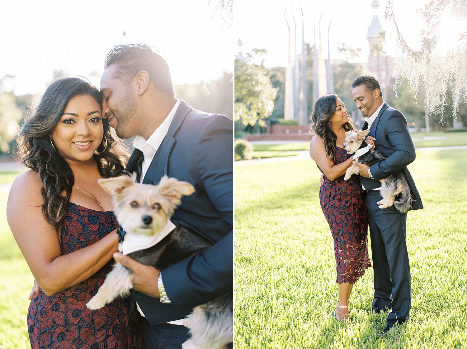 man holds dog and hugs fiancee during University of Tampa engagement session
