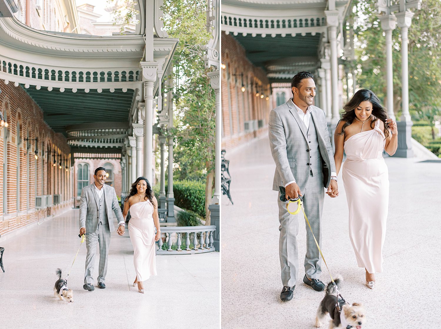 engaged couple walks dog along University of Tampa cooridor 