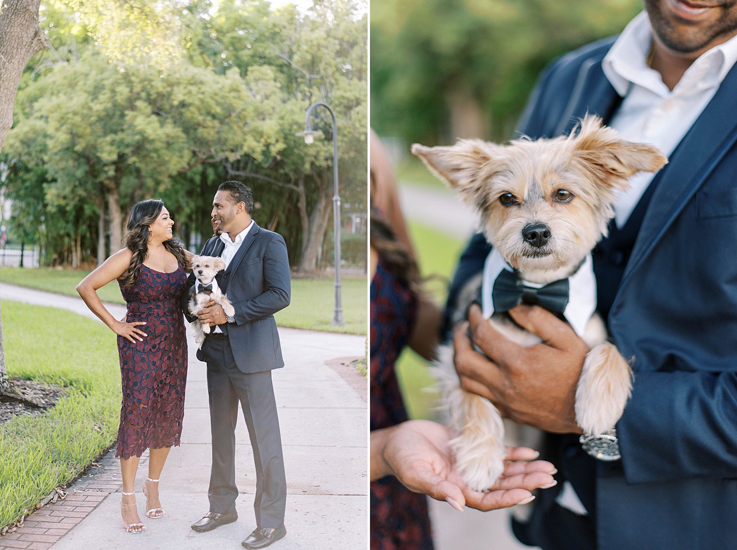 engaged couple stands holding dog in tuxedo at University of Tampa