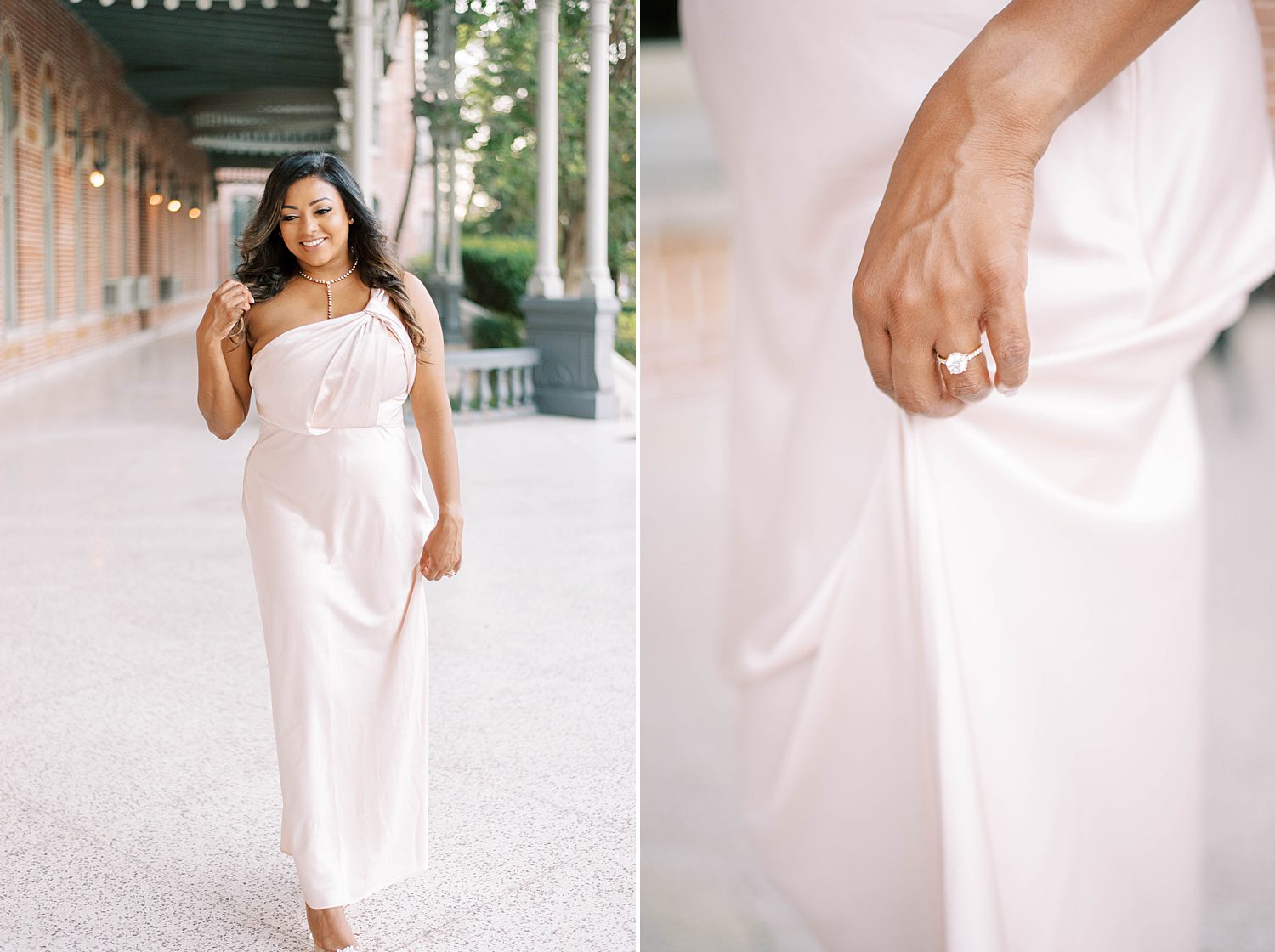 woman walks in off-the-shoulder ivory gown at University of Tampa