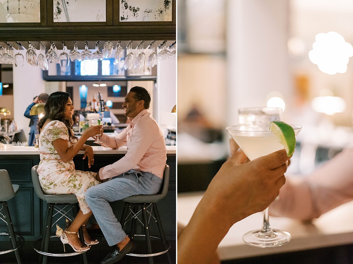engaged couple toasts drinks in downtown Tampa FL bar