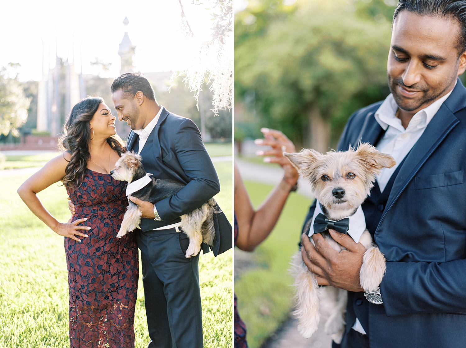 engaged couple stands together on campus at University of Tampa