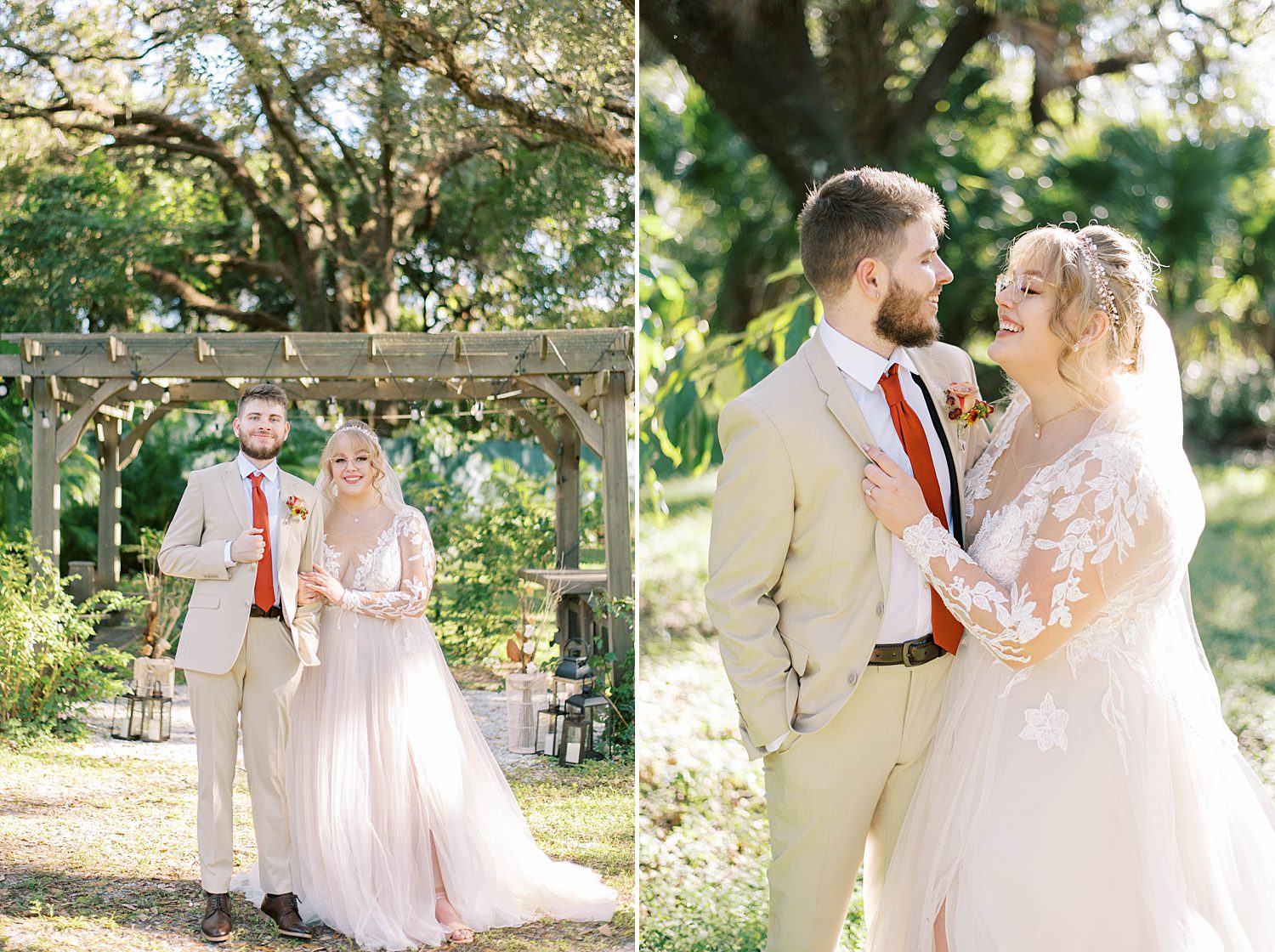 bride and groom hug by wooden arbor at Events Under the Oaks during fall wedding 