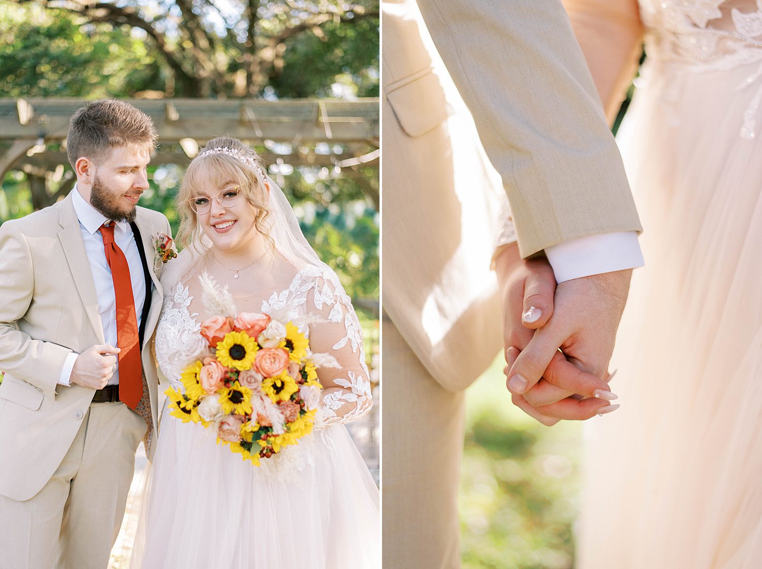 bride and groom hold hands during wedding portraits at Events Under the Oaks