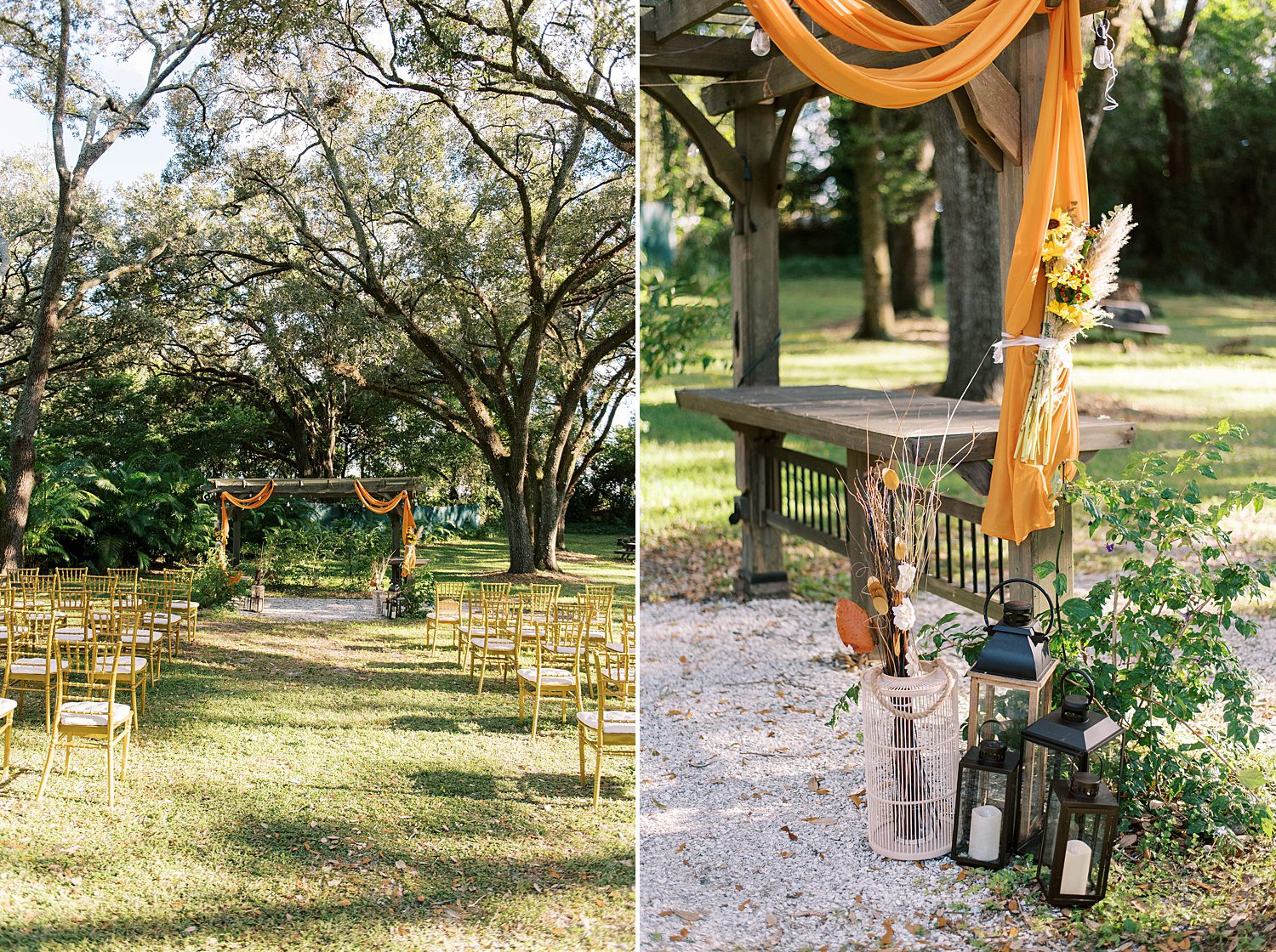 wedding ceremony at Events Under the Oaks with orange fabric on alter 