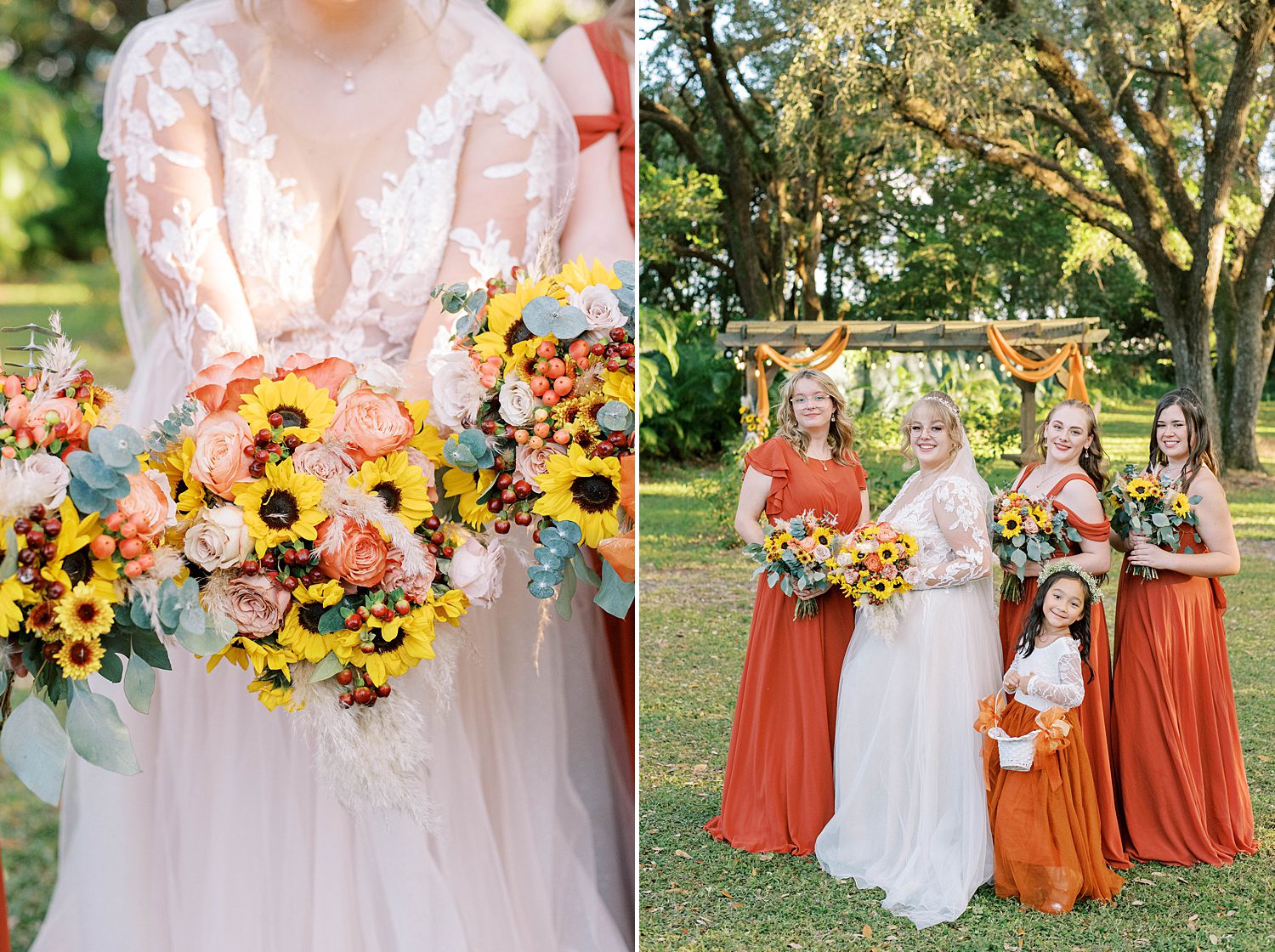 bride and bridesmaids in burnt orange gown pose together by altar at Events Under the Oaks