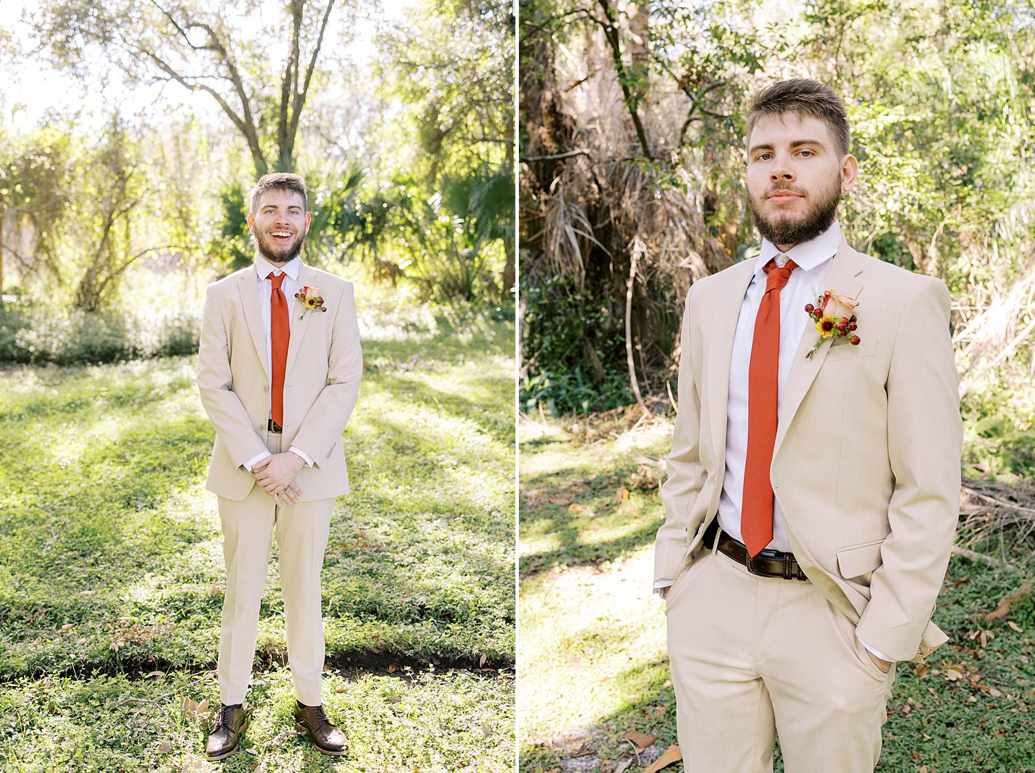 groom stands with hands in suit pockets at Events Under the Oaks