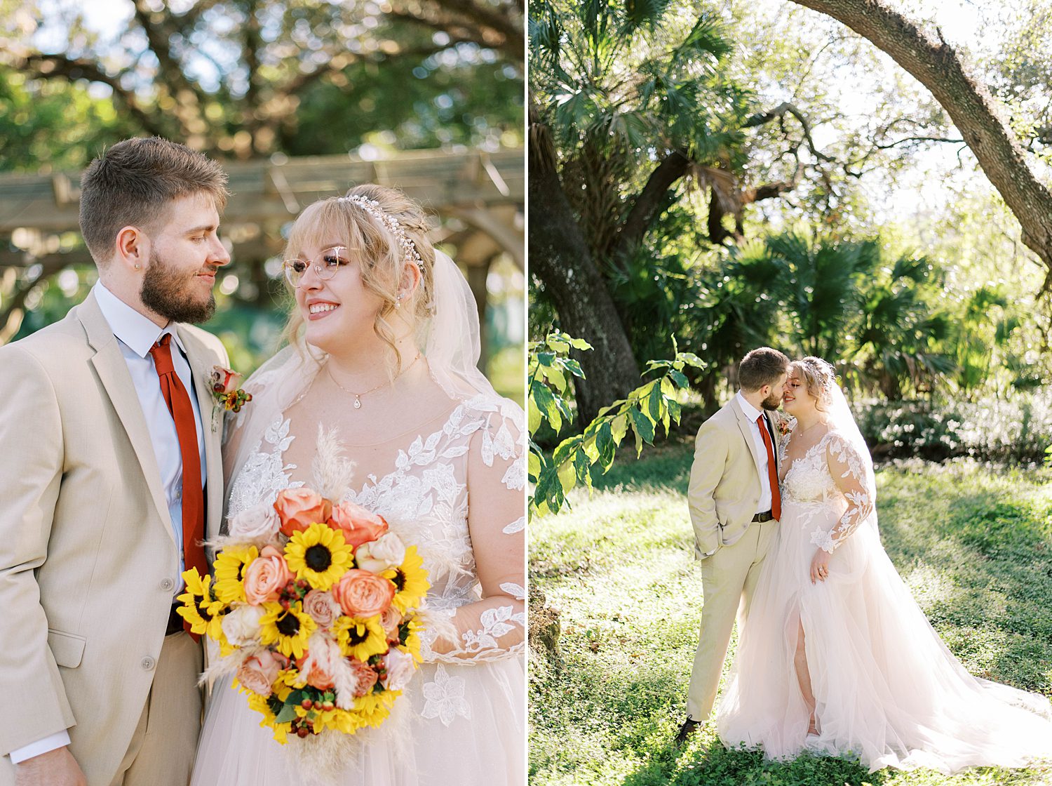 bride and groom hug during fall wedding portraits in Tampa FL