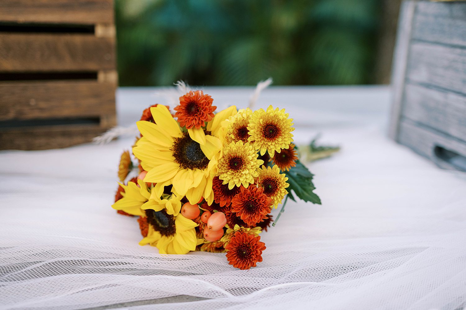 yellow sunflower and orange sunflower bouquet for bride 