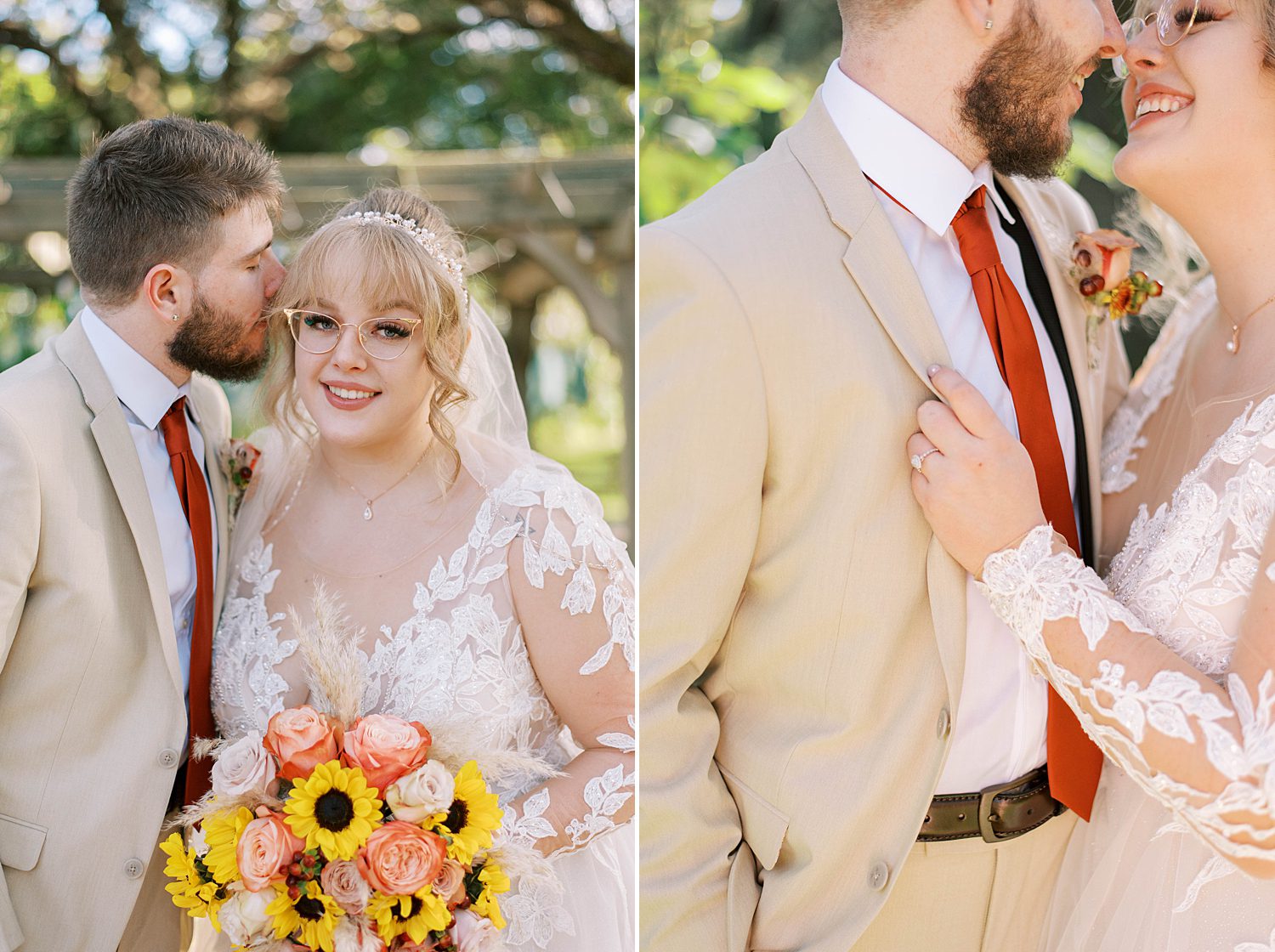 bride and groom hug together during wedding portraits at Events Under the Oaks