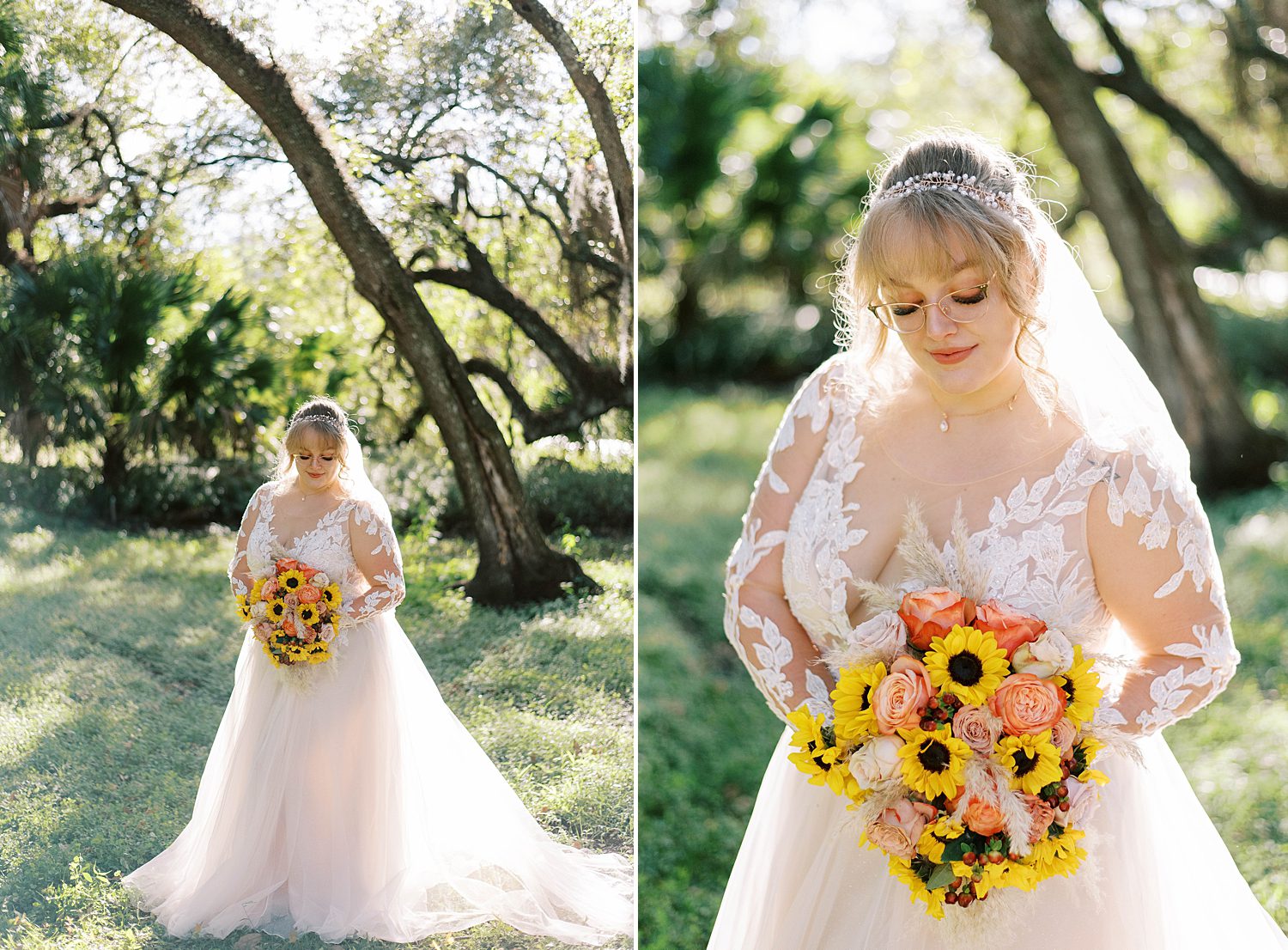 bride poses with bouquet of yellow sunflowers and orange accents 