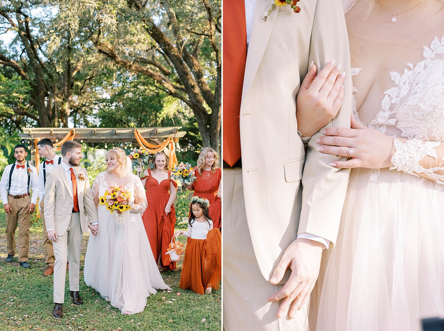 bride holds onto groom's arm during fall wedding portraits at Events Under the Oaks