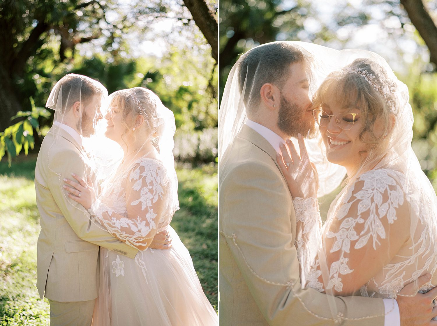 newlyweds kiss under bride's veil at Events Under the Oaks