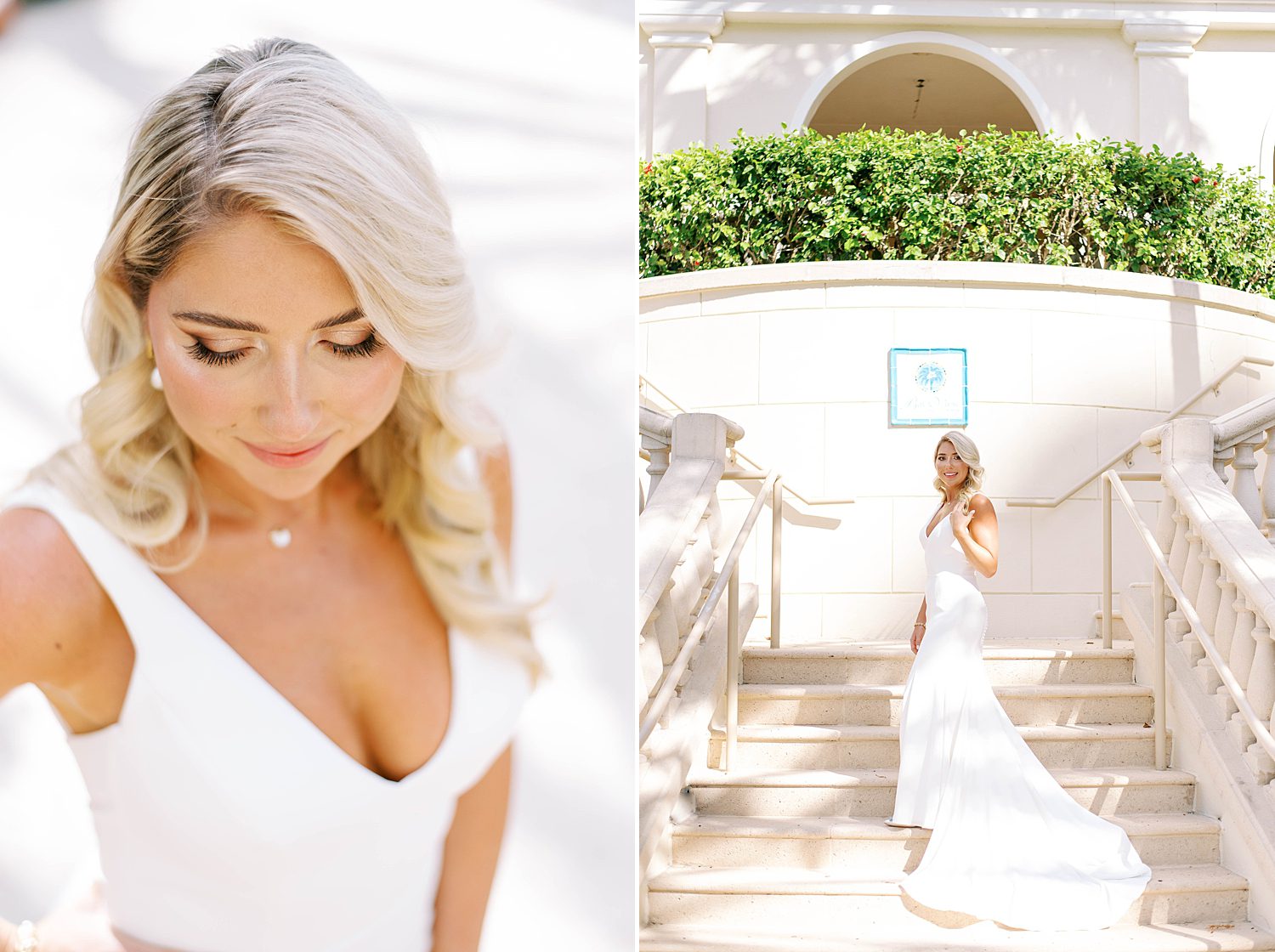 bride poses in custom wedding gown on steps at Ritz Carlton Sarasota