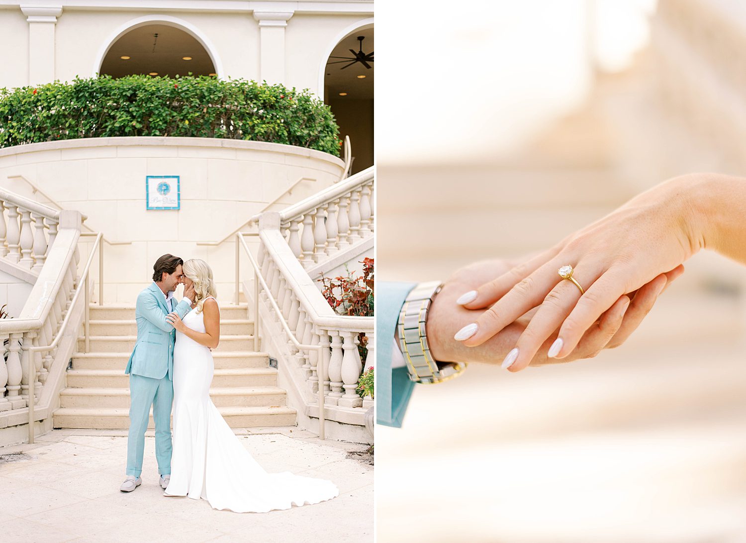 bride and groom hug by staircase showing off bride's rings