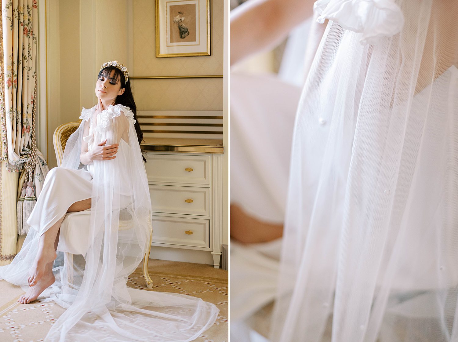 bride sits by bureau during Paris bridal boudoir session at the Ritz