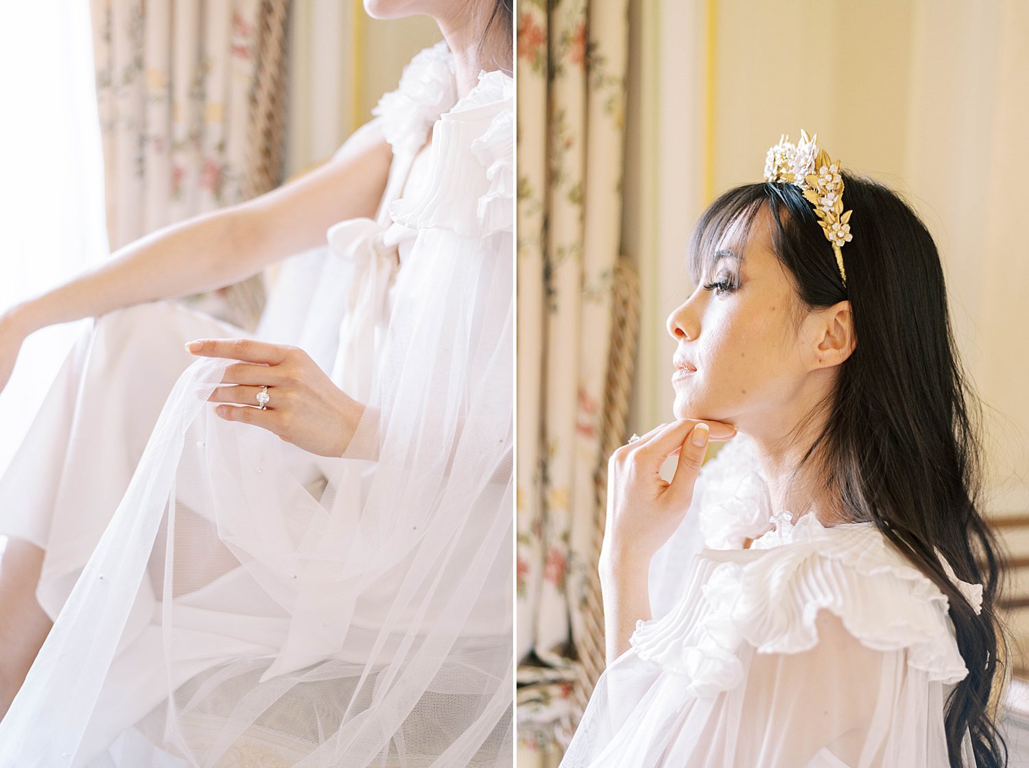 bride poses in gauzy robe with butterfly accents and gold crown