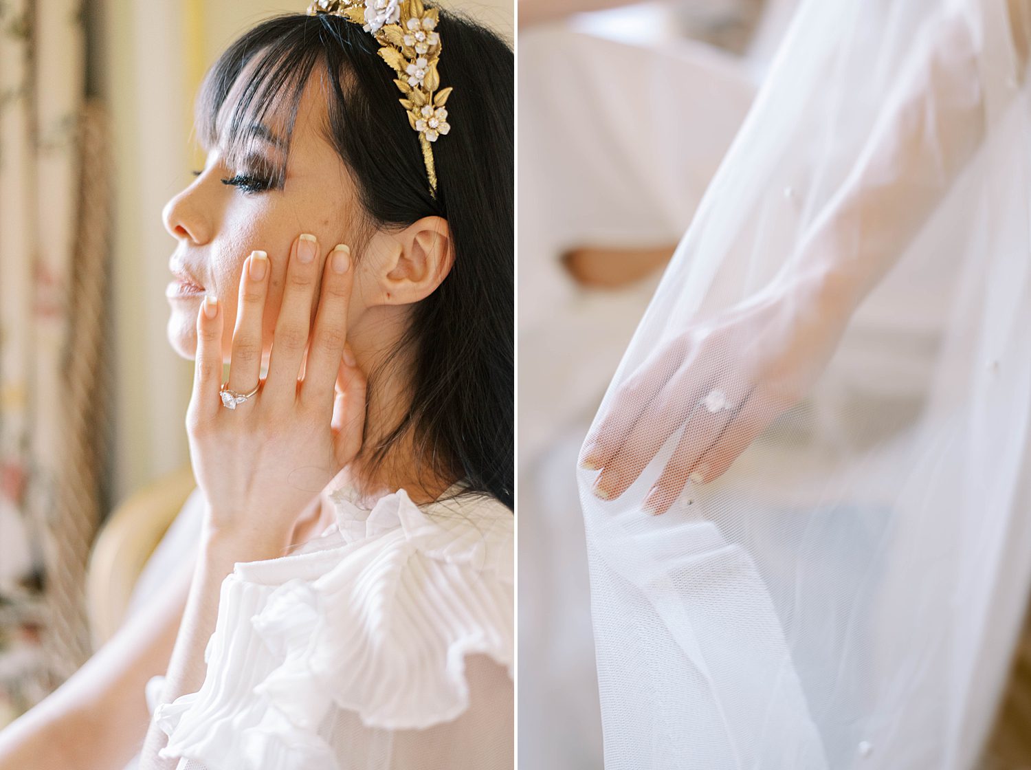 bride touches cheek in white gown with lace robe during Paris bridal boudoir session
