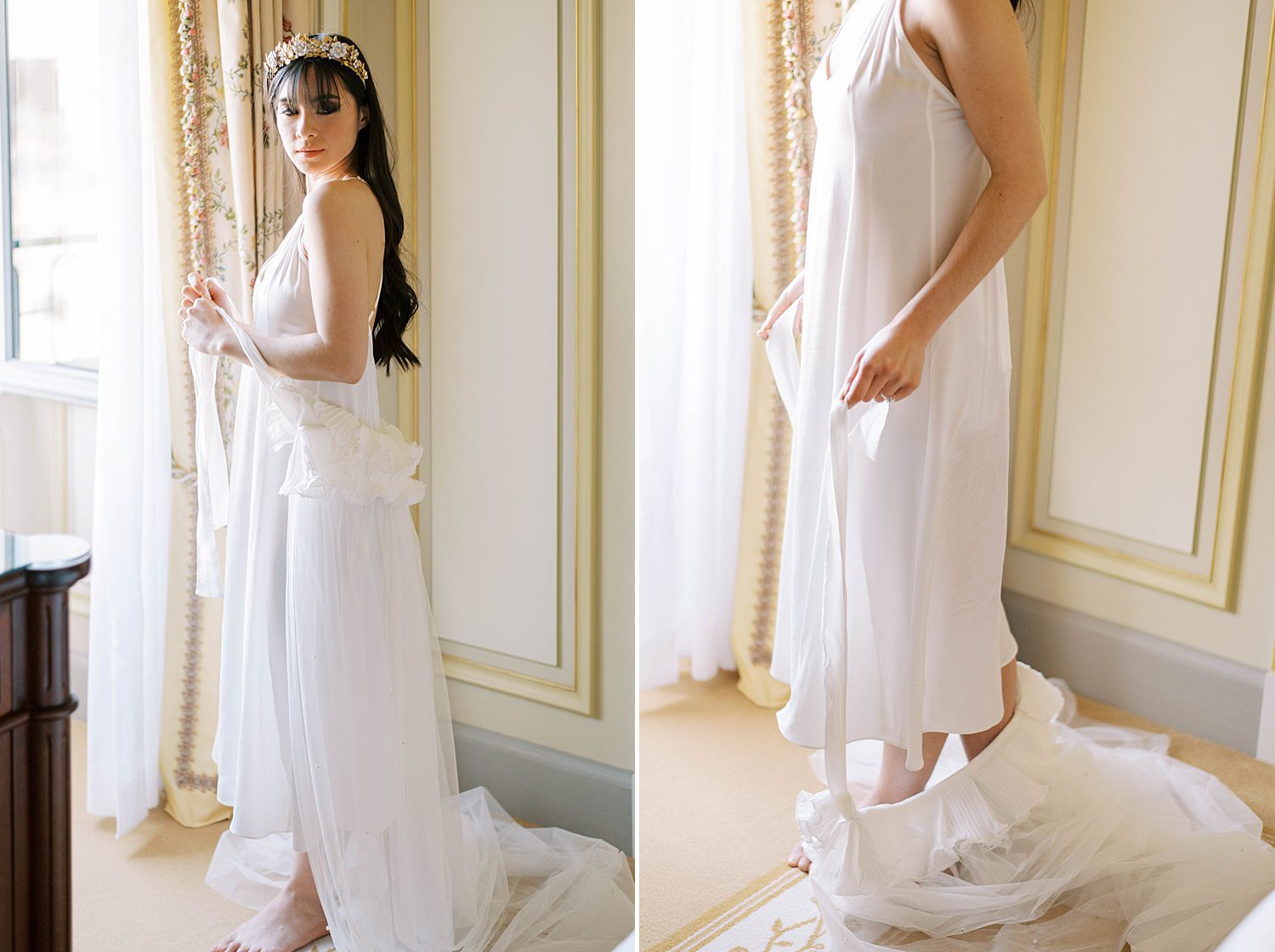 bride poses in simple white slip during Paris bridal boudoir session at the Ritz