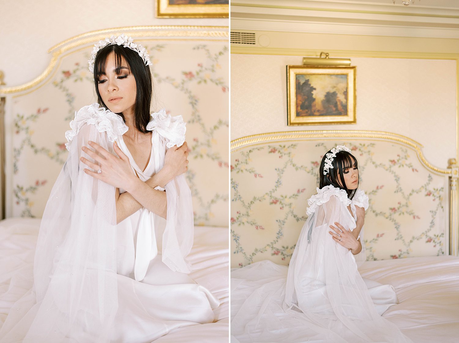 bride sits on bed hugging herself during Paris bridal boudoir session at the Ritz