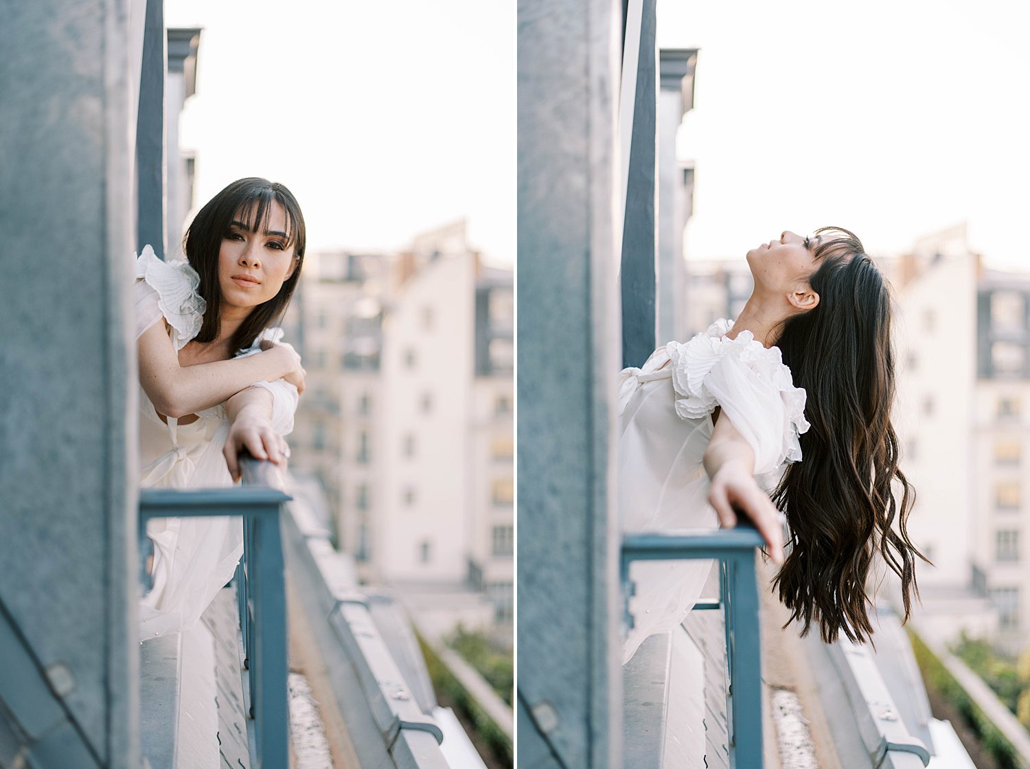 bride leans against railing overlooking Paris during boudoir session