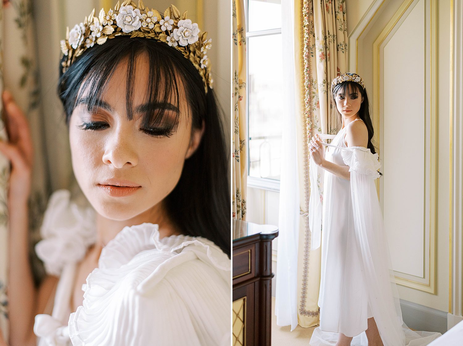 bride with gold headband poses in window during Paris bridal boudoir session at the Ritz