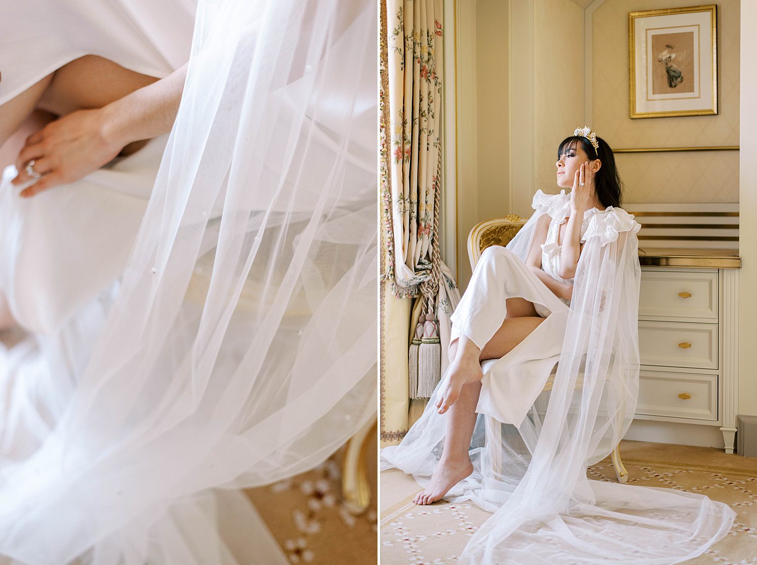 bride shoes in front of white bureau during Paris bridal boudoir session at the Ritz