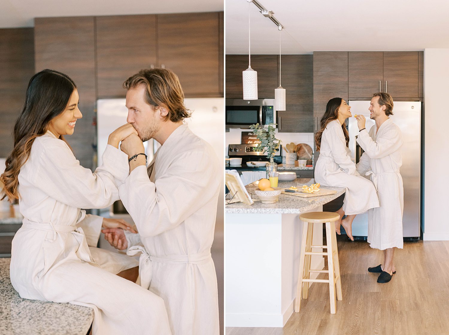 couple eats breakfast together at home during lifestyle anniversary portraits