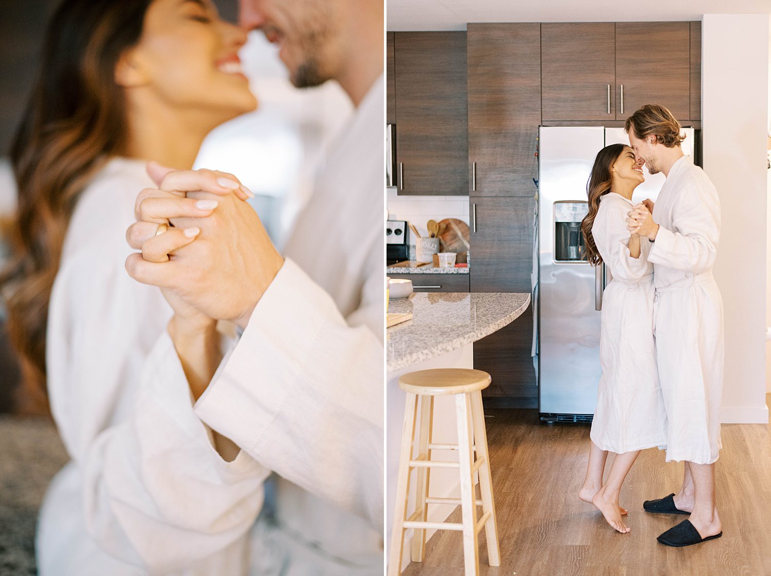 husband and wife dance in kitchen during lifestyle anniversary portraits