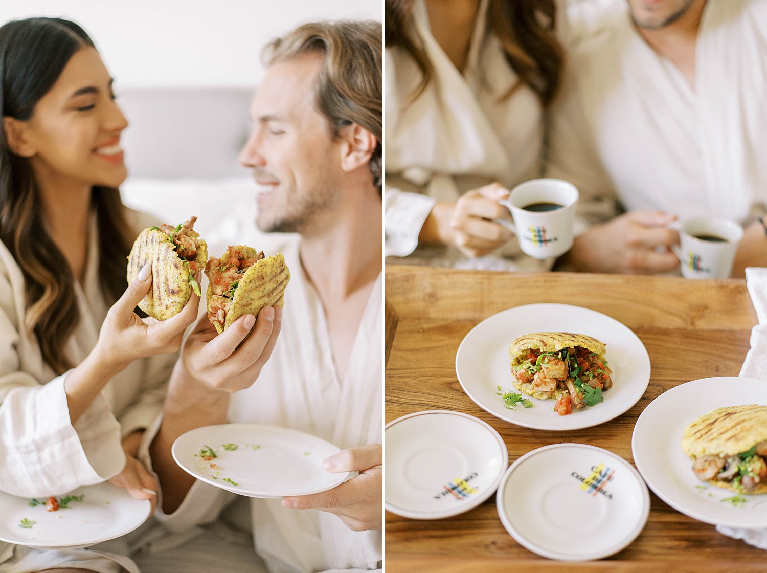 couple eats breakfast in bed during lifestyle anniversary portraits