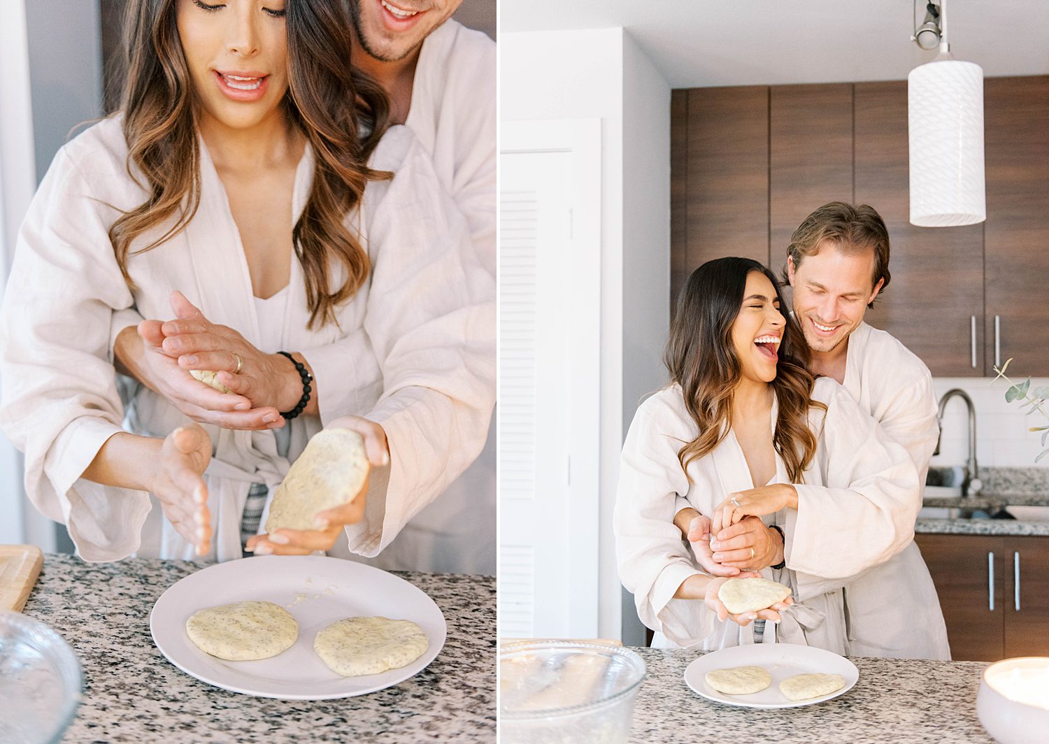 couple laughs cooking in kitchen during lifestyle anniversary portraits