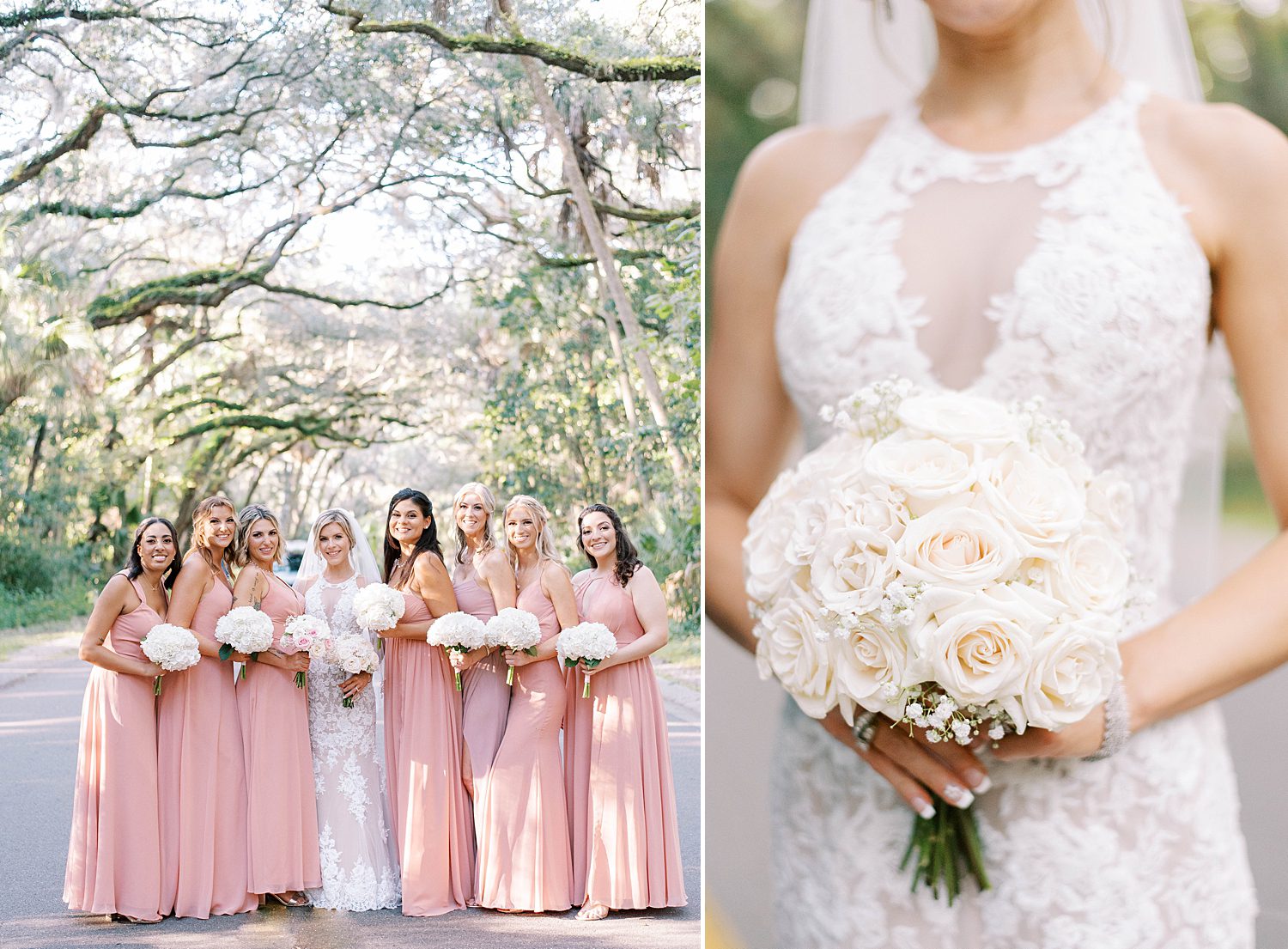 bride stands with bouquet of white roses