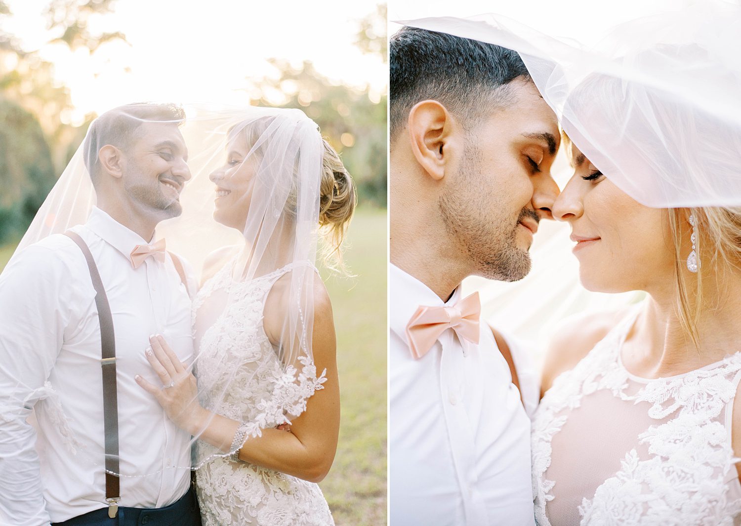 newlyweds hug under bride's veil during portraits in Tampa FL