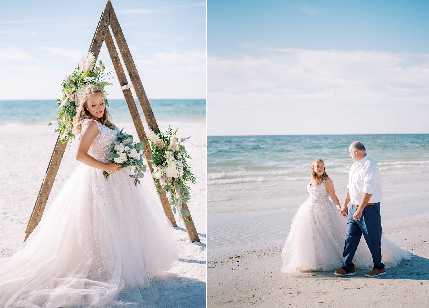 bride and groom walk on Tampa FL beach white sand