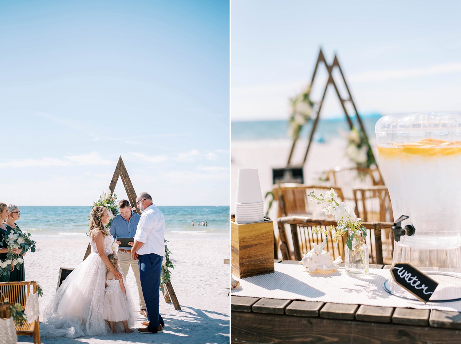 bride and groom kiss in front of wooden altar on beach